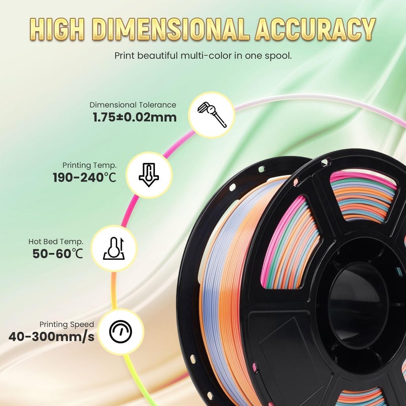 FLASHFORGE Silk PLA Gradient Rainbow Candy, Multicolored Color Change Rainbow 3D Printing Filament, Light Purple Green Yellow Pink Shiny Fast Color-Changing Each 8M Gradually, Ultra-High Glossiness - Image 5